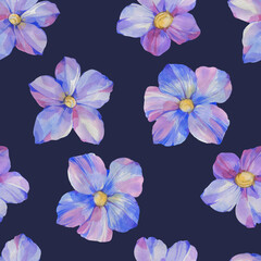 Fototapeta na wymiar Seamless botanical ornament from watercolor flowers. Abstract floral pattern on a blue background. Art background for design, print, wallpaper, wrapping paper.