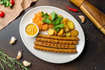 franconian sausages with fried cabbage and potatoes and mustard top view