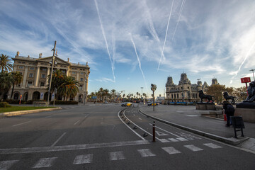 Barcelona street in the early morning. City traffic on weekends. Empty streets in Barcelona.