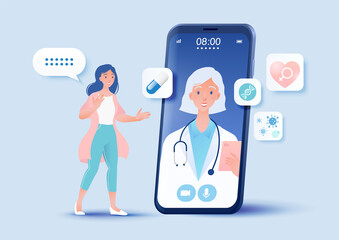 Telemedicine concept vector illustration. Female patient consulting doctor using online technology through smartphone app.