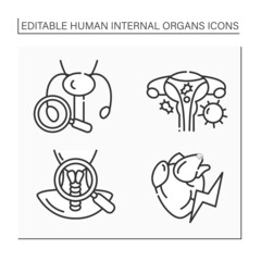 Human internal organs line icons set. Male and female reproductive system, heart attack, larynx. Prevention of diseases. Health concept.Isolated vector illustration.Editable stroke