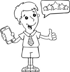 Man satisfied with his phone, mobile service hand drawn icon