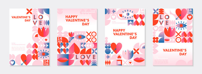 Bundle of Valentines Day greeting banners templates.Romantic vector layouts in bauhaus style with geometric elements and symbols.Modern trendy designs for banners,invitations,prints,promo offers.