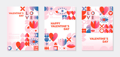 Fototapeta na wymiar Set of Valentines Day greeting banners templates.Romantic vector layouts in bauhaus style with geometric elements and symbols.Modern trendy designs for banners,invitations,prints,promo offers.