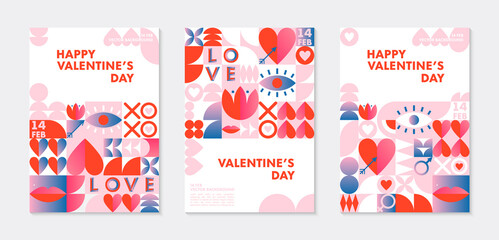 Set of Valentines Day greeting banners templates.Romantic vector layouts in bauhaus style with geometric elements and symbols.Modern trendy designs for banners,invitations,prints,promo offers.