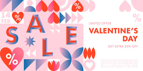 Fototapeta na wymiar Valentines Day sale banner template.Special offer layout in bauhaus style with geometric elements and symbols.Modern trendy design for flyers,ads,vouchers,promo offers.Vector Valentines marketing.