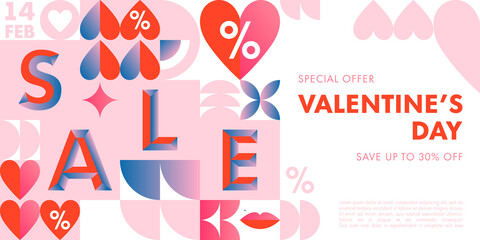 Valentines Day sale banner template.Special offer layout in bauhaus style with geometric elements and symbols.Modern trendy design for flyers,ads,vouchers,promo offers.Vector Valentines marketing.