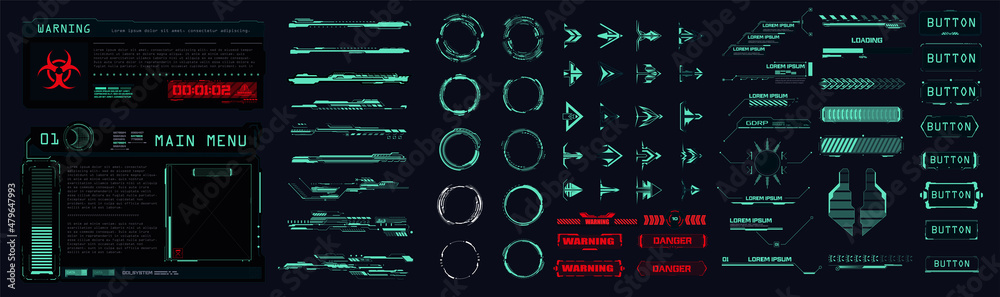 Fototapete Sci-fi UI collection elements futuristic frames, circle, callouts titles, loading bars, arrows. HUD tech or digital technology game frames and text boxes.  Futuristic info boxes layout templates.