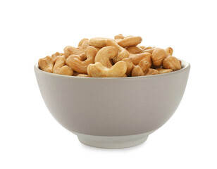 Bowl of tasty organic cashew nuts isolated on white