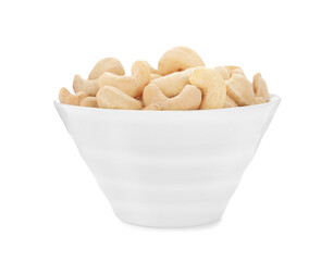 Bowl of tasty organic cashew nuts isolated on white