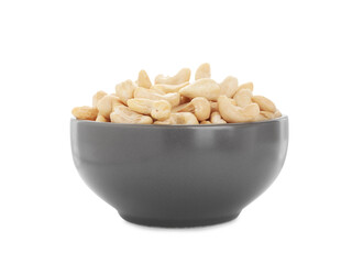 Bowl of tasty organic cashew nuts isolated on white