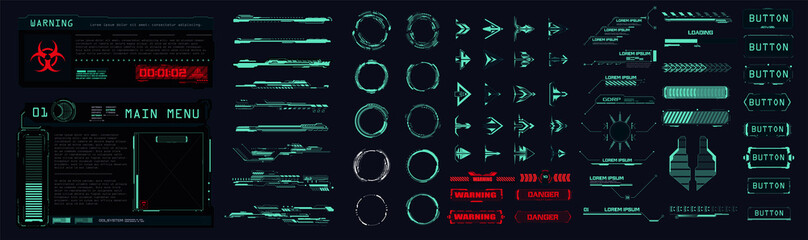 Fototapeta Sci-fi UI collection elements futuristic frames, circle, callouts titles, loading bars, arrows. HUD tech or digital technology game frames and text boxes.  Futuristic info boxes layout templates. obraz