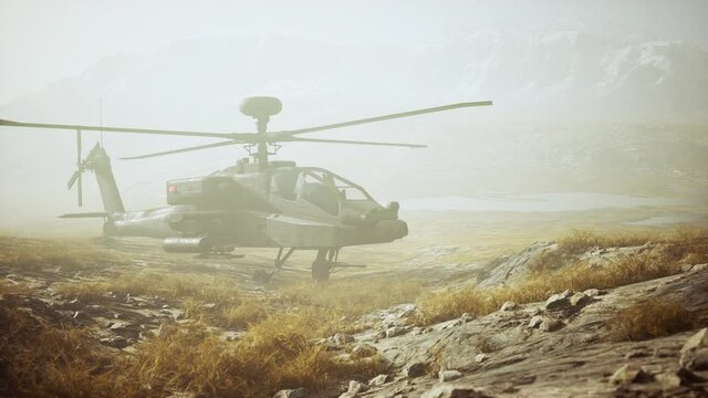 military helicopter in mountains at war