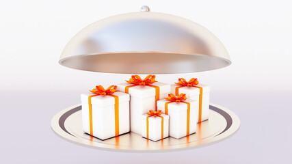 3d render of metallic Restaurant cloche with open lid. white gift box inside Restaurant cloche