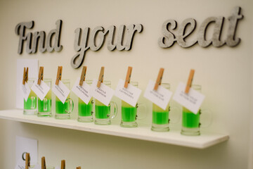 Find your seat sign for wedding or event with name cards on alcoholic green shots ( shot green mexican ) wedding idea, idea of ​​meeting guests