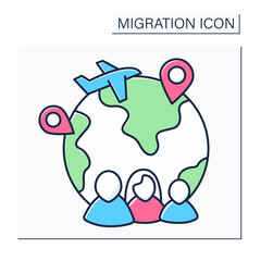 Family migration color icon. Migrate due to new or established family ties. Reunification with family members who migrated earlier. Migration concept. Isolated vector illustration