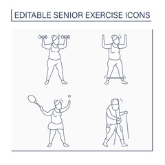 Senior exercise line icons set. Physical activity. Tennis, Scandinavian walking, stretching. Training concept. Isolated vector illustration. Editable stroke