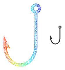 Net mesh fish hook carcass icon with rainbow gradient. Vibrant carcass mesh fish hook icon. Flat carcass created from fish hook icon and crossed lines.