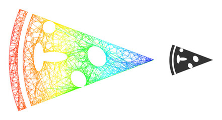 Crossing mesh pizza piece carcass icon with rainbow gradient. Bright carcass mesh pizza piece icon. Flat mesh created from pizza piece pictogram and crossed lines.