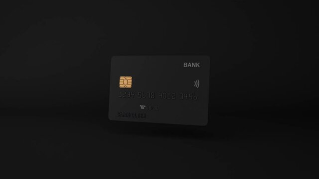Black gold platinum 3d credit debit card spinning on dark background. Business financial theme animation, wireless payments, bank technologies pay pass, plastic card spin with chip, 4k minimal mockup
