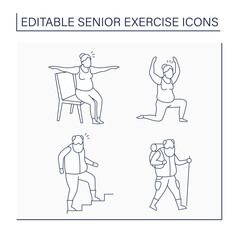 Senior exercise line icons set. Hiking, chair yoga, pilates, stair climbing. Training concept. Isolated vector illustration. Editable stroke