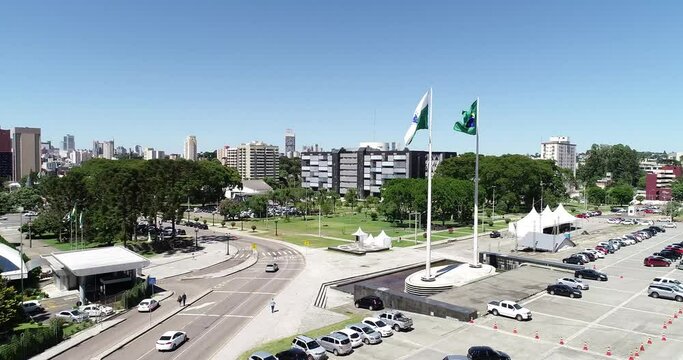 Drone Shot of Brazil and Paran&aacute; State flags in Curitiba City