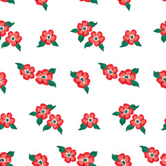 Seamless pattern, light floral print with red flowers on a white background. Liberty composition of red anemone flowers and leaves. Simple flower cover design. Vector illustration.