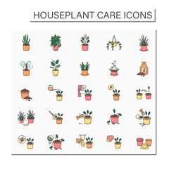 Houseplants care color icons set.Tropical plant interior decor. Beautiful home plant in hanging pot. Gardening concept.Isolated vector illustrations