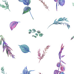 Seamless pattern with eucalyptus leaves and sprigs on a white background for textiles and surface design