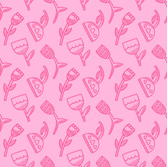 Vector seamless pattern. Hearts, flowers, gifts and letters in doodle style. Love concept for Saint Valentines day or woman day. Background for cards, social media posts, printing on wrapping paper.
