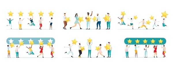 Customer feedback, testimonial. Online survey concept.Set . Group of people rating customer experience, writing review, leaving feedback. Client, user satisfaction. Isolated flat vector illustration