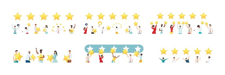 Customer feedback, testimonial. Online survey concept.Set . Group of people rating customer experience, writing review, leaving feedback. Client, user satisfaction. Isolated flat vector illustration