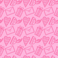 Vector seamless pattern. Hearts, flowers, gifts and letters in doodle style. Love concept for Saint Valentines day or woman day. Background for cards, social media posts, printing on wrapping paper.
