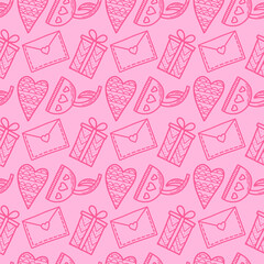 Vector seamless pattern. Hearts, flowers, gifts and letters in doodle style. Love concept for Saint Valentines day or woman day. Background for cards, social media posts, printing on wrapping paper.
