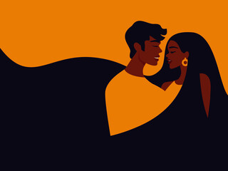 Beautiful african couple in love. Woman with flowing hair. Cartoon man and woman.  Family relationship. Vector illustration for Valentine's Day. 