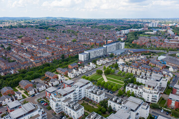 Aerial photo of the city centre of Leicester in the UK showing houses and apartment building on a...