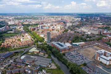 Fototapeta na wymiar Aerial photo of the city centre of Leicester in the UK showing houses and apartment building on a sunny summers day
