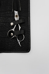 professional stylist scissors close-up in a black leather case