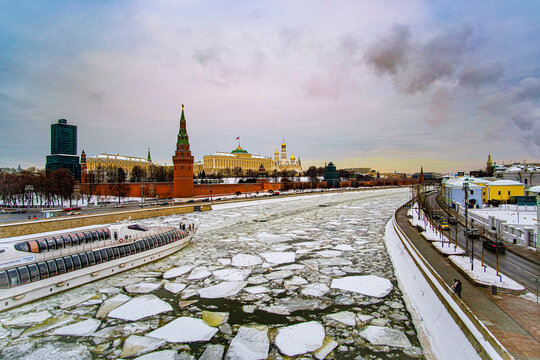 Moscow, Russia - January, 4, 2022: Moscow river embankment in a winter