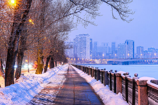 Moscow, Russia - January, 4, 2022: Moscow river embankment in a winter