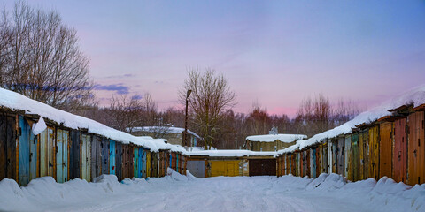 Row of the garages in Moscow in winter