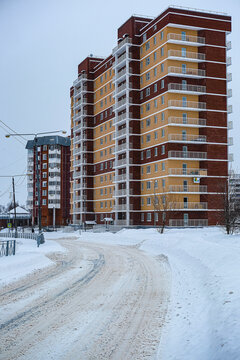 Puschino, Moscow region, Russia - January, 4, 2022: street in a winter in Puschino, Russia