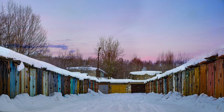 Row of the garages in Moscow in winter