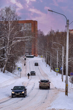 Puschino, Moscow region, Russia - January, 4, 2022: street in a winter in Puschino, Russia