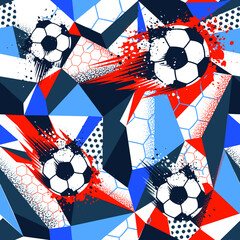 Abstract seamless football pattern. Geometric sport print. Repeat geometrical ornament with soccer ball. © Kseniia Koval