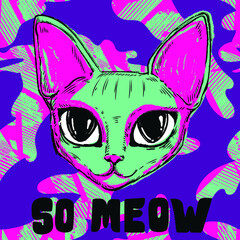 So meow t shirt design with big Sphinx cat head on repeat graffiti pattern in pink, blue and purple colors. Grunge textured poster with cat.