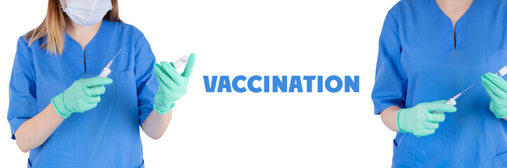 A doctor in latex gloves fills a syringe with medicine from a glass vial. Making a vaccine...