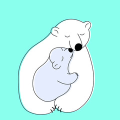 Hand-drawn polar bear hugs a little bear, black outline, vector isolated on blue background