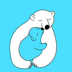 Hand-drawn polar bear hugs a little blue bear, black outline, vector isolated on blue background