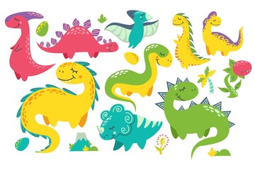 Vector set of different dinosaurs. Cute childish illustration. Collection of monsters. Prints for baby clothes